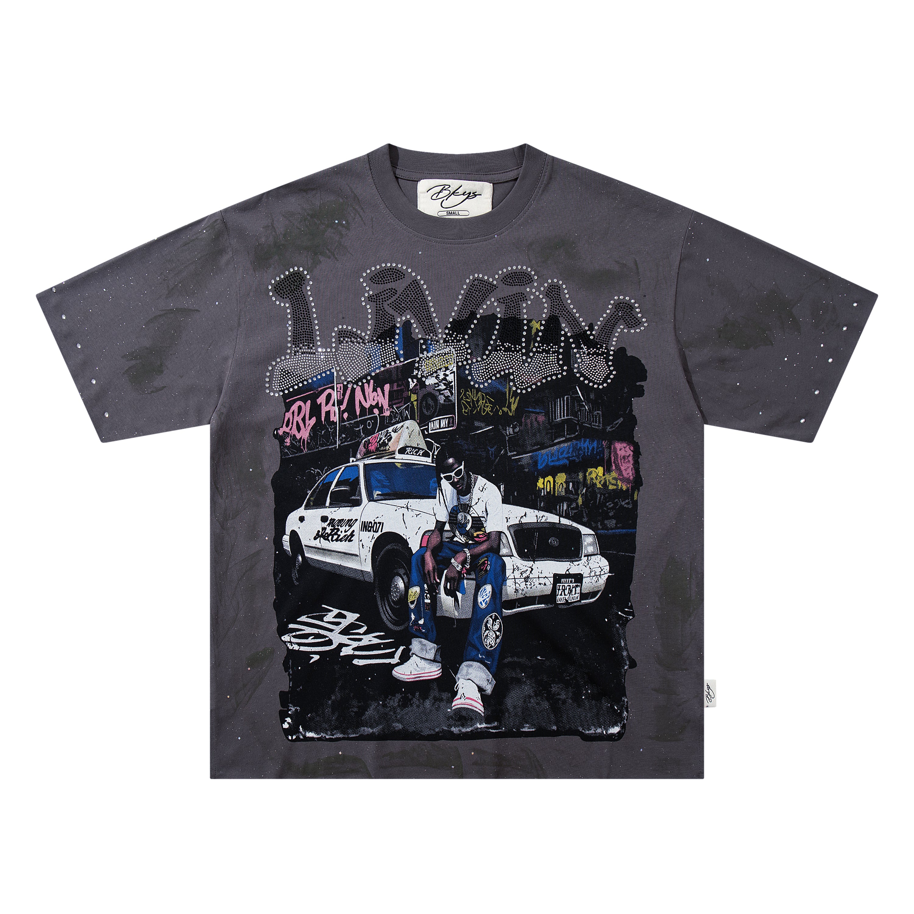 BKYS  Hip Hop Rapper Taxi Grey Star Washed Oversized Graphic T‑Shirt