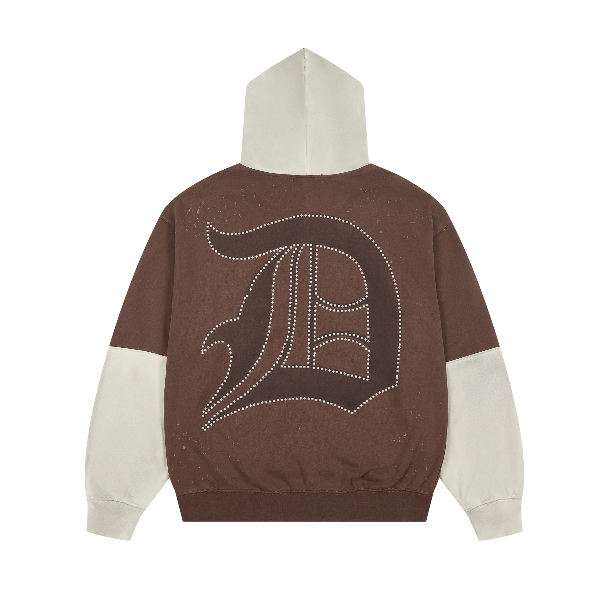 DUAA Two‑Tone Patchwork Distressed Gothic Logo Zip‑Up Hoodie